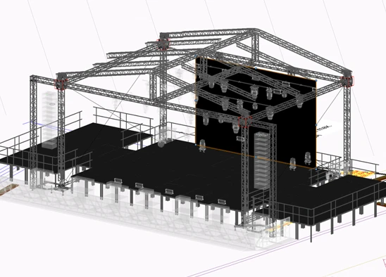 3D-Visualisierung einer Bühnenkonstruktion aus Traversen – WEMME Events Berlin