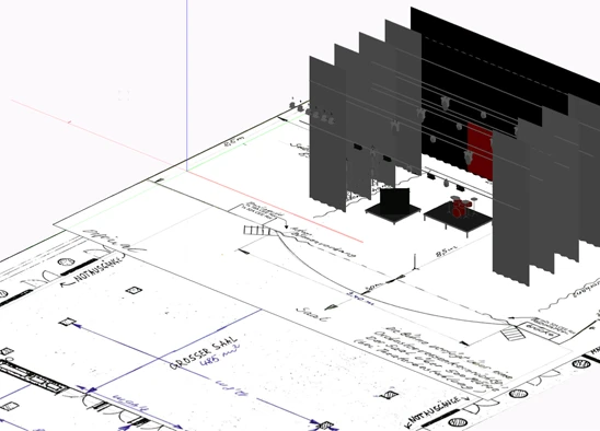 3D-Skizze eines Veranstaltungssaals mit Bühne, Ton- und Lichttechnik – WEMME Events